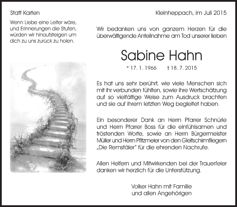  Traueranzeige für Sabine Hahn vom 07.08.2015 aus Waiblinger Kreiszeitung