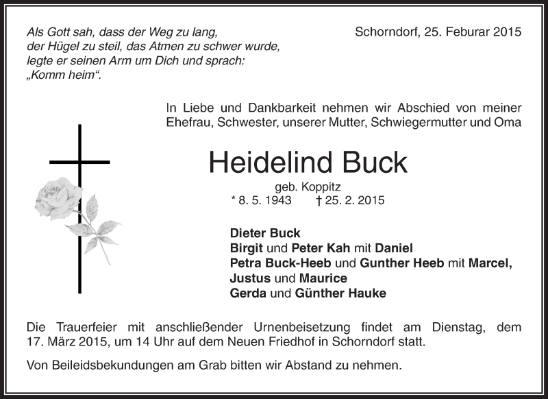  Traueranzeige für Heidelind Buck vom 13.03.2015 aus Waiblinger Kreiszeitung