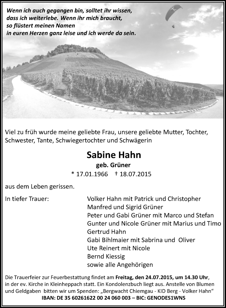  Traueranzeige für Sabine Hahn vom 22.07.2015 aus Waiblinger Kreiszeitung