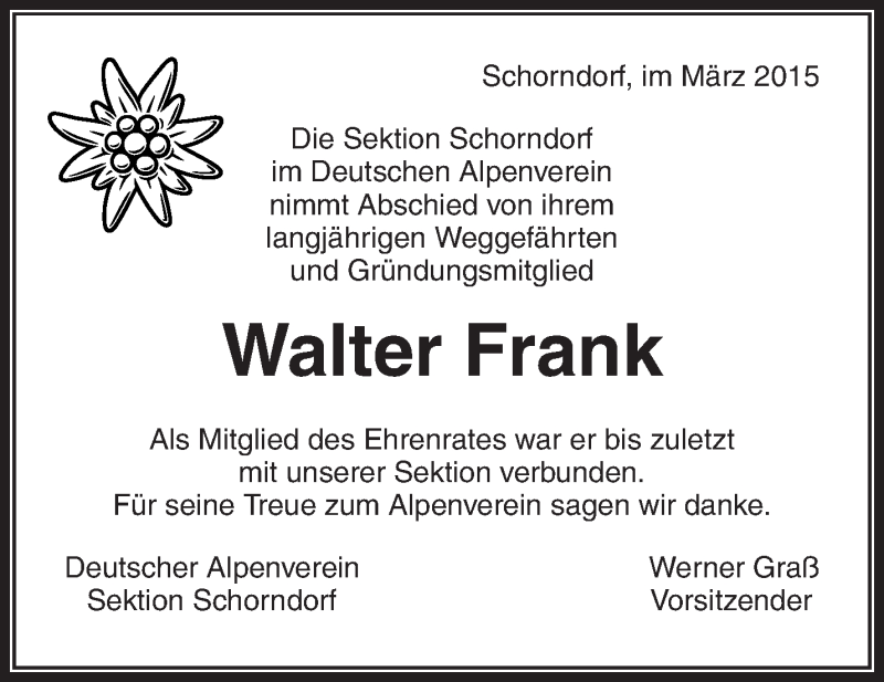 Traueranzeige für Walter Frank vom 07.03.2015 aus Waiblinger Kreiszeitung
