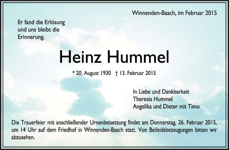  Traueranzeige für Heinz Hummel vom 25.02.2015 aus Waiblinger Kreiszeitung