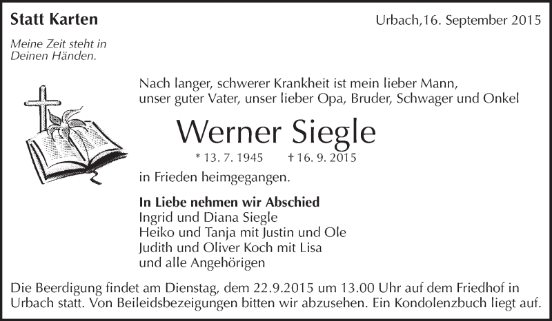  Traueranzeige für Werner Siegle vom 18.09.2015 aus Waiblinger Kreiszeitung