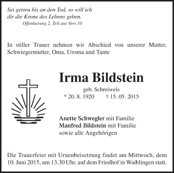 Traueranzeige von Irma Bildstein von Waiblinger Kreiszeitung