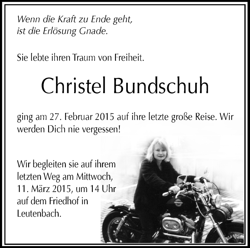  Traueranzeige für Christel Bundschuh vom 09.03.2015 aus Waiblinger Kreiszeitung