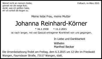 Traueranzeige von Johanna Reinhard-Körner von Waiblinger Kreiszeitung