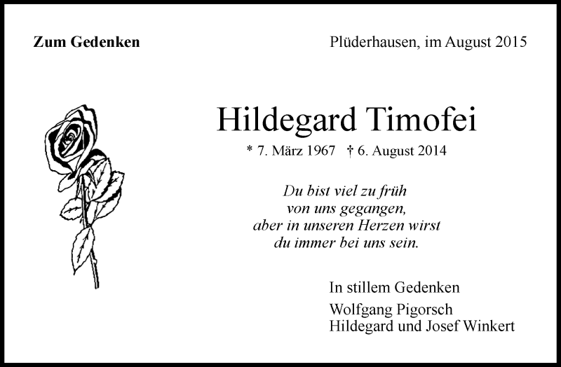 Traueranzeige für Hildegard Timofei vom 08.08.2015 aus Waiblinger Kreiszeitung