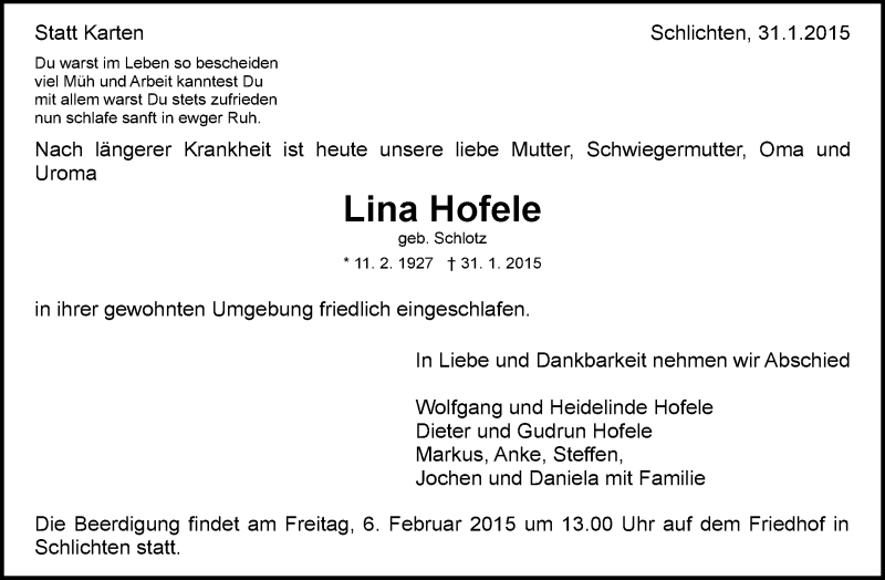  Traueranzeige für Lina Hofele vom 04.02.2015 aus Waiblinger Kreiszeitung
