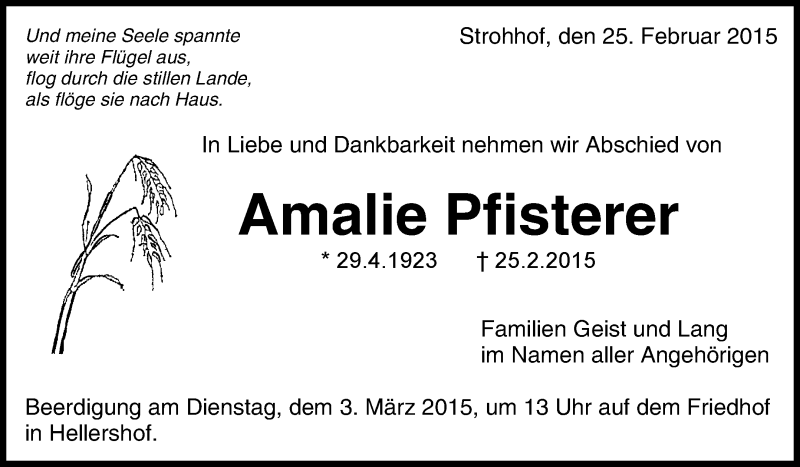  Traueranzeige für Amalie Pfisterer vom 27.02.2015 aus Waiblinger Kreiszeitung