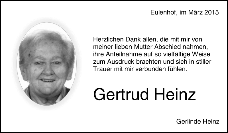  Traueranzeige für Gertrud Heinz vom 13.03.2015 aus Waiblinger Kreiszeitung