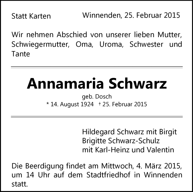  Traueranzeige für Annamaria Schwarz vom 28.02.2015 aus Waiblinger Kreiszeitung