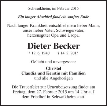 Traueranzeige von Dieter Becker von Waiblinger Kreiszeitung