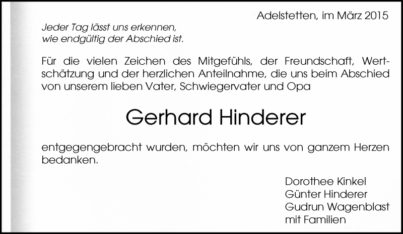  Traueranzeige für Gerhard Hinderer vom 06.03.2015 aus Waiblinger Kreiszeitung