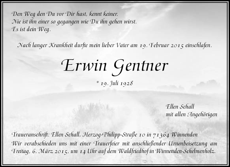  Traueranzeige für Erwin Gentner vom 28.02.2015 aus Waiblinger Kreiszeitung