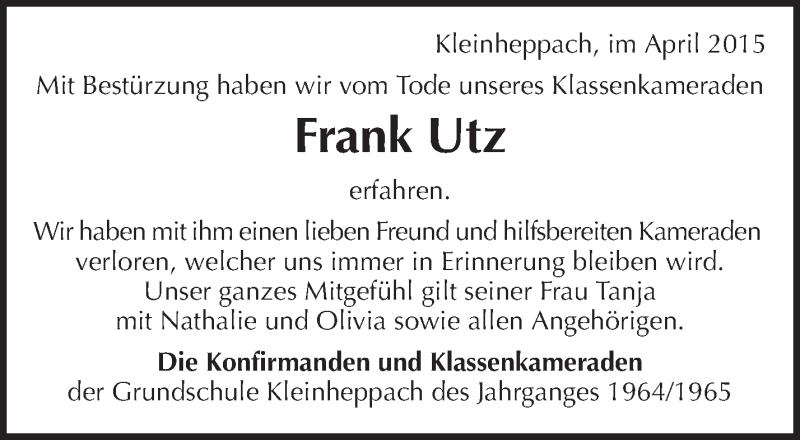  Traueranzeige für Frank Utz vom 24.04.2015 aus Waiblinger Kreiszeitung