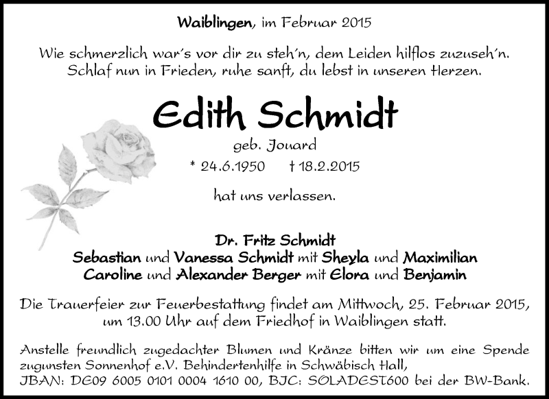  Traueranzeige für Edith Schmidt vom 21.02.2015 aus Waiblinger Kreiszeitung