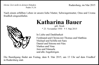 Traueranzeige von Katharina Bauer von Waiblinger Kreiszeitung