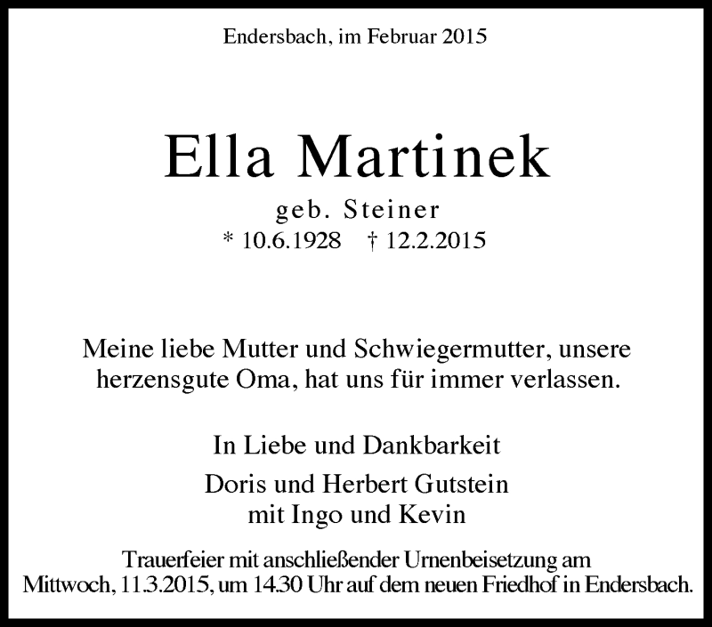  Traueranzeige für Ella Martinek vom 07.03.2015 aus Waiblinger Kreiszeitung