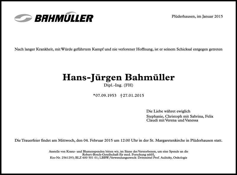  Traueranzeige für Hans-Jürgen Bahmüller vom 31.01.2015 aus Waiblinger Kreiszeitung