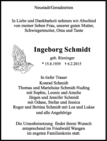 Traueranzeige von Ingeborg Schmidt von Waiblinger Kreiszeitung