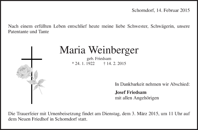  Traueranzeige für Maria Weinberger vom 27.02.2015 aus Waiblinger Kreiszeitung