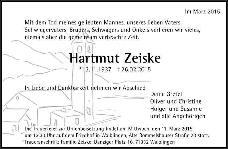  Traueranzeige für Hartmut Zeiske vom 07.03.2015 aus Waiblinger Kreiszeitung
