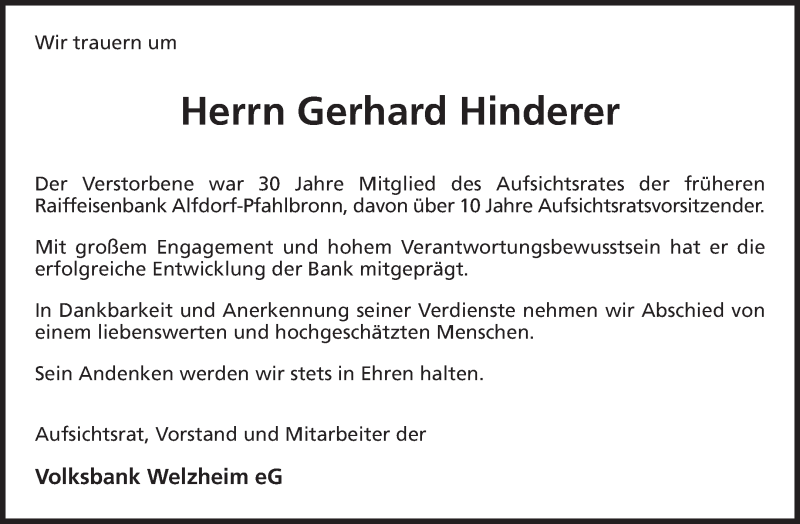  Traueranzeige für Gerhard Hinderer vom 24.02.2015 aus Waiblinger Kreiszeitung