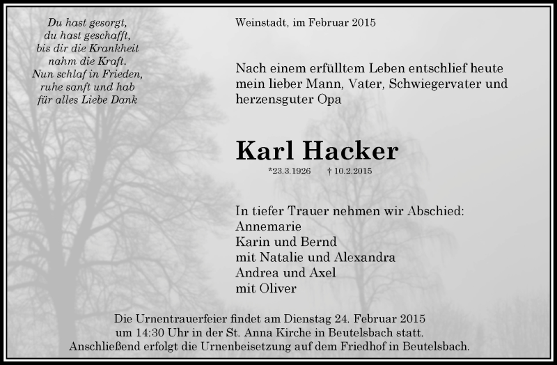  Traueranzeige für Karl Hacker vom 14.02.2015 aus Waiblinger Kreiszeitung