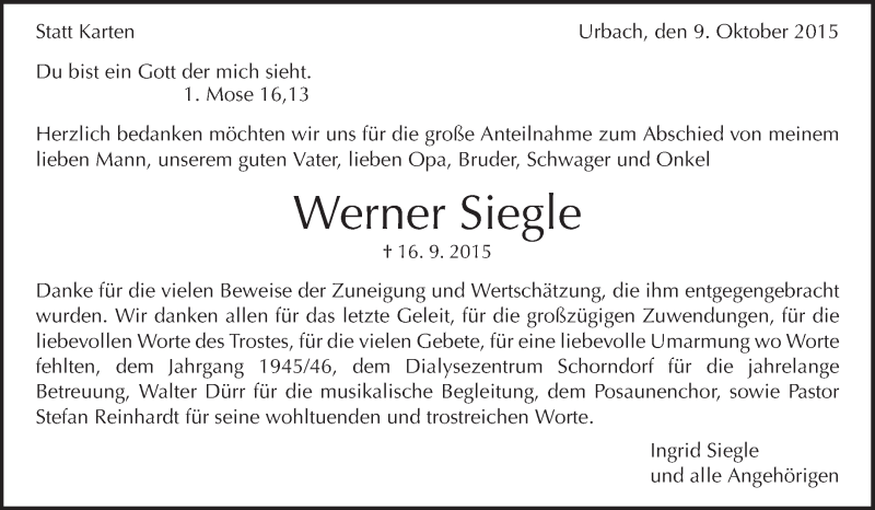  Traueranzeige für Werner Siegle vom 09.10.2015 aus Waiblinger Kreiszeitung