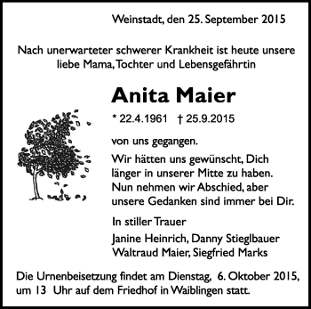 Traueranzeige von Anita Maier von Waiblinger Kreiszeitung