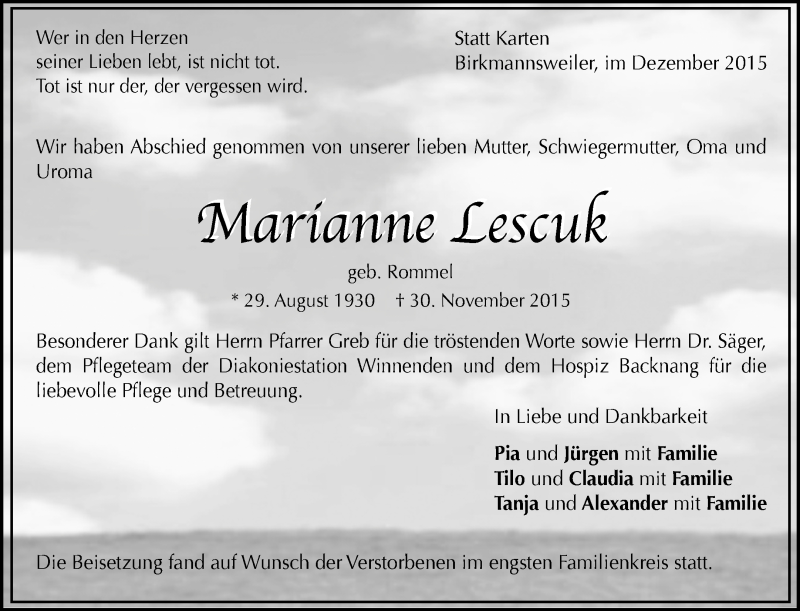  Traueranzeige für Marianne Lescuk vom 12.12.2015 aus Waiblinger Kreiszeitung