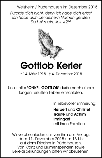 Traueranzeige von Gottlob Kerler von Waiblinger Kreiszeitung