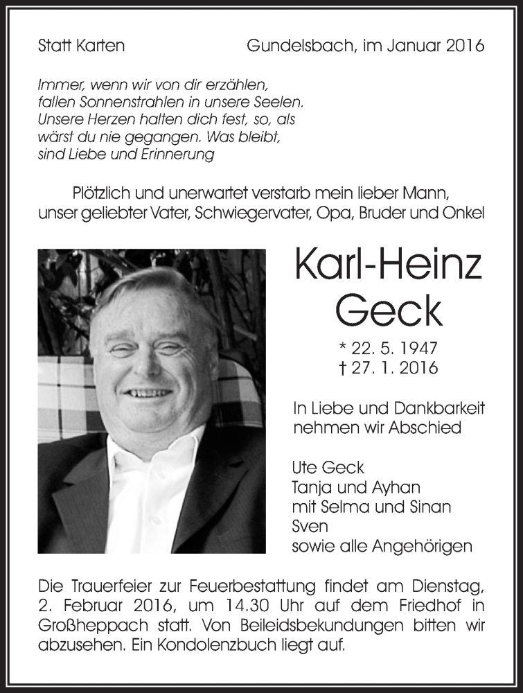  Traueranzeige für Karl-Heinz Geck vom 30.01.2016 aus Waiblinger Kreiszeitung