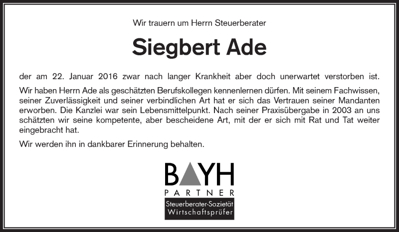  Traueranzeige für Siegbert Ade vom 26.01.2016 aus Waiblinger Kreiszeitung