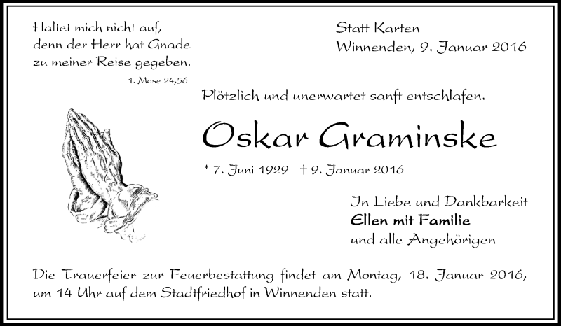  Traueranzeige für Oskar Graminske vom 14.01.2016 aus Waiblinger Kreiszeitung