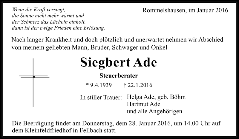 Traueranzeige für Siegbert Ade vom 25.01.2016 aus Waiblinger Kreiszeitung