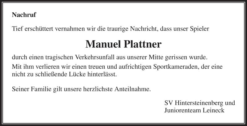  Traueranzeige für Manuel Plattner vom 04.10.2016 aus Waiblinger Kreiszeitung