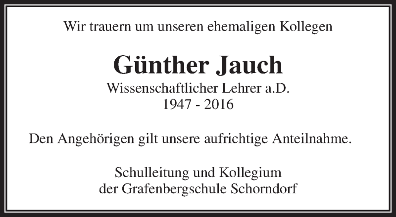  Traueranzeige für Günther Jauch vom 25.10.2016 aus Waiblinger Kreiszeitung
