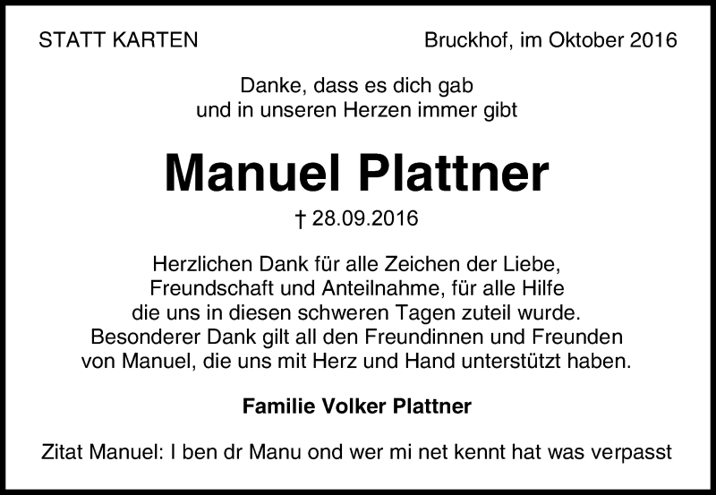  Traueranzeige für Manuel Plattner vom 20.10.2016 aus Waiblinger Kreiszeitung