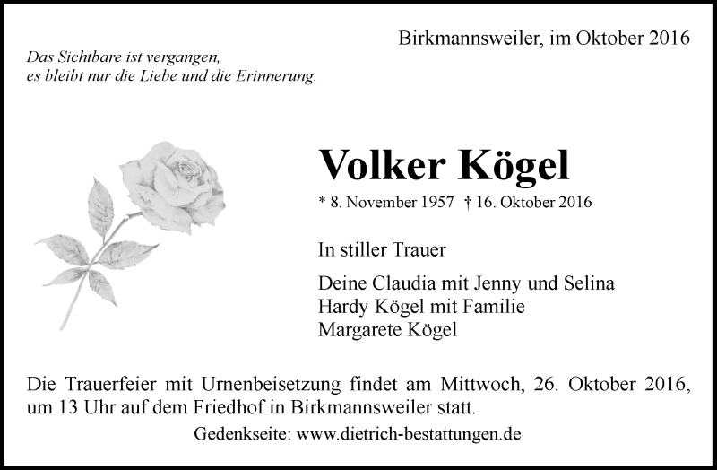  Traueranzeige für Volker Kögel vom 24.10.2016 aus Waiblinger Kreiszeitung