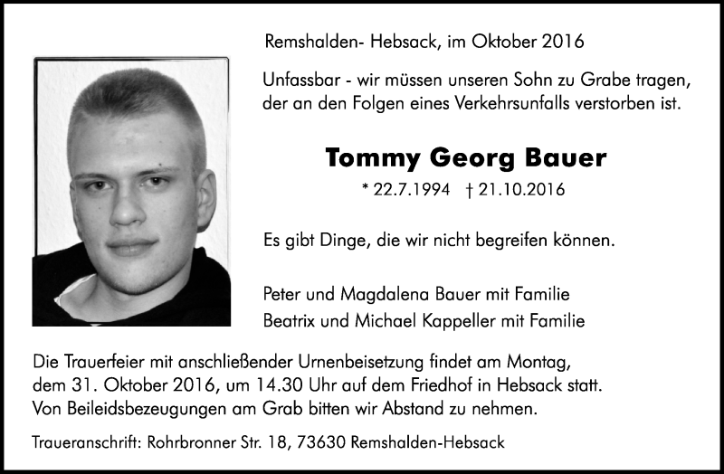  Traueranzeige für Tommy Georg Bauer vom 28.10.2016 aus Waiblinger Kreiszeitung