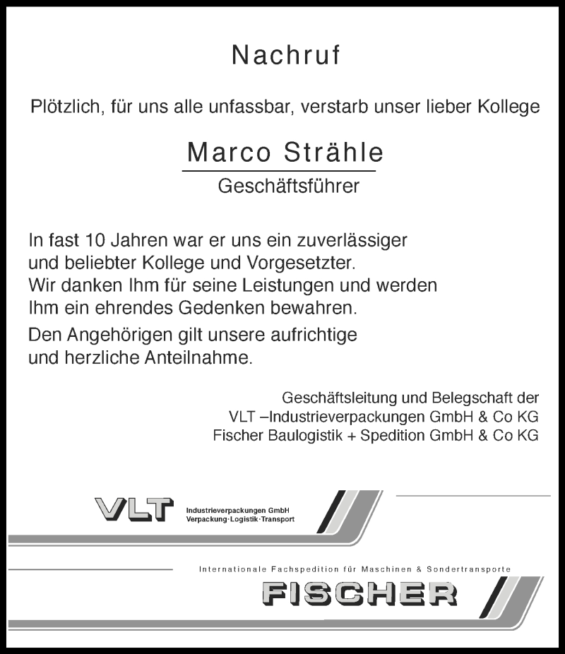  Traueranzeige für Marco Strähle vom 12.11.2016 aus Waiblinger Kreiszeitung