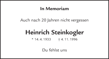 Traueranzeige von Heinrich Steinkogler von Waiblinger Kreiszeitung