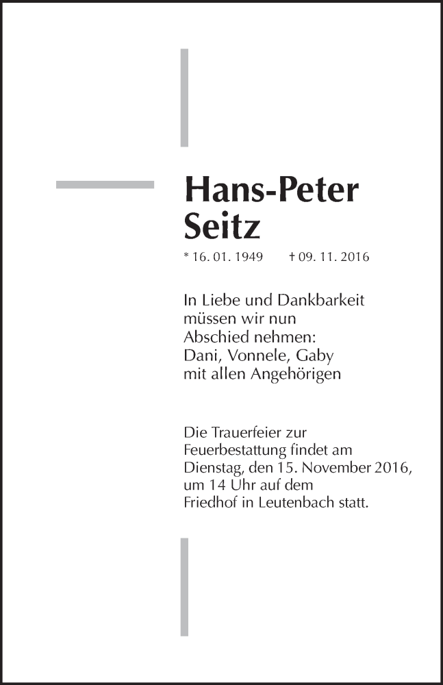  Traueranzeige für Hans-Peter Seitz vom 12.11.2016 aus Waiblinger Kreiszeitung