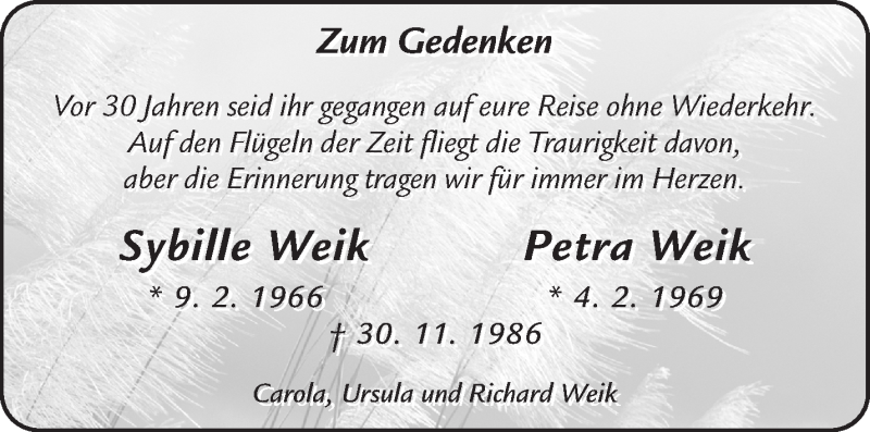  Traueranzeige für Sybille und Petra Weik vom 30.11.2016 aus Waiblinger Kreiszeitung
