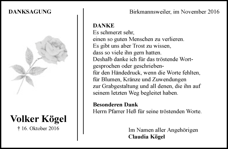  Traueranzeige für Volker Kögel vom 05.11.2016 aus Waiblinger Kreiszeitung