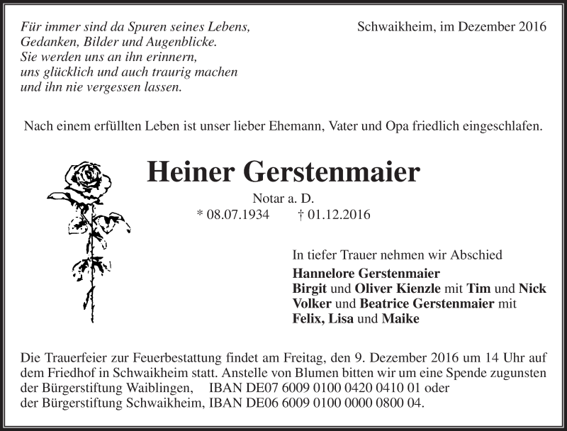  Traueranzeige für Heiner Gerstenmaier vom 05.12.2016 aus Waiblinger Kreiszeitung