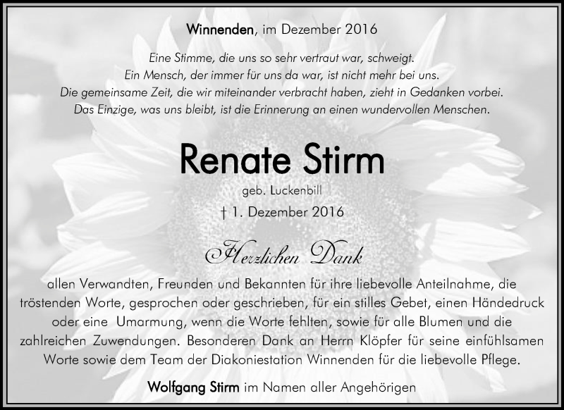  Traueranzeige für Renate Stirm vom 14.12.2016 aus Waiblinger Kreiszeitung