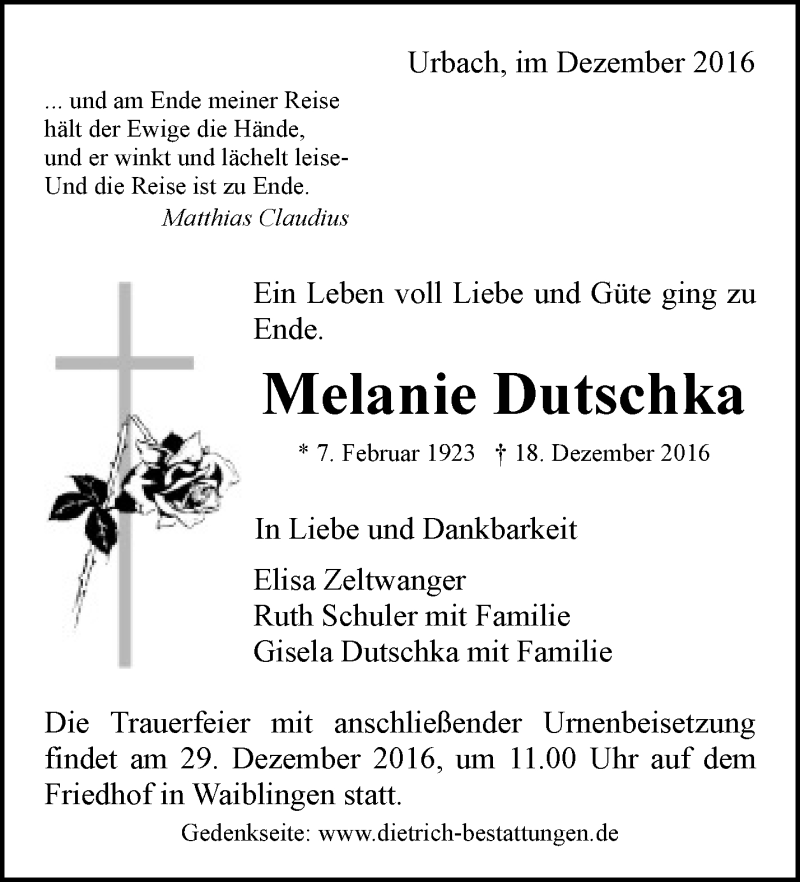  Traueranzeige für Melanie Dutschka vom 24.12.2016 aus Waiblinger Kreiszeitung