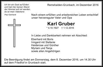Traueranzeige von Karl Gruber von Waiblinger Kreiszeitung