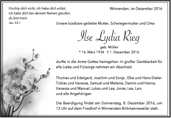 Traueranzeige von Ilse Lydia Rieg von Waiblinger Kreiszeitung